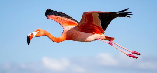 Fototapeta premium Flamingo flying across blue sky in Caribbean for travel and nature articles