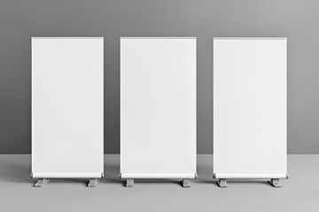 Trio of white roll-up banners displayed against a grey background.