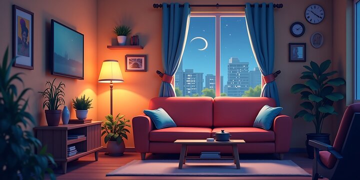 cozy lo-fi living room night, animated virtual background