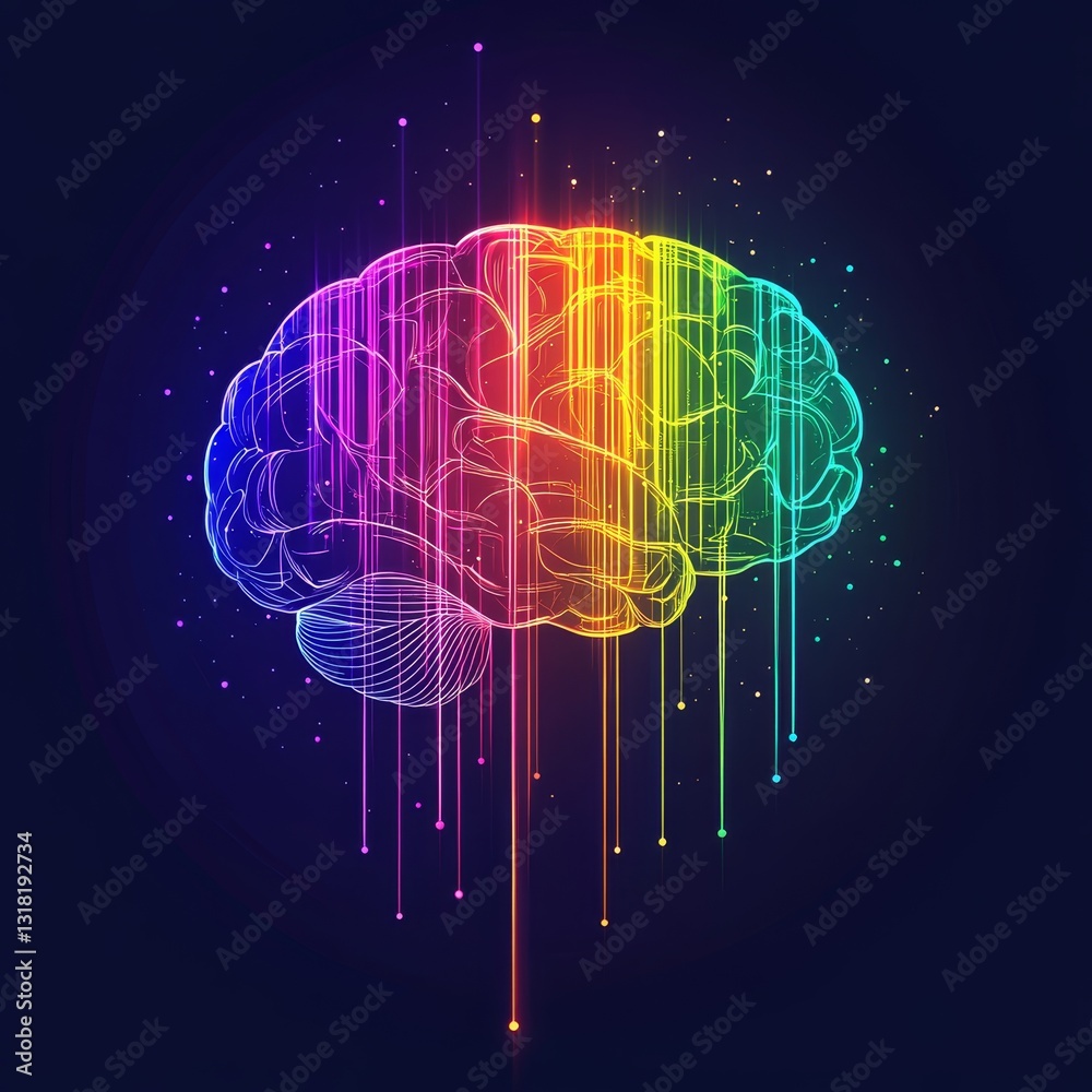 Poster this vibrant abstract brain design features colorful lines and dots, symbolizing creativity and inte