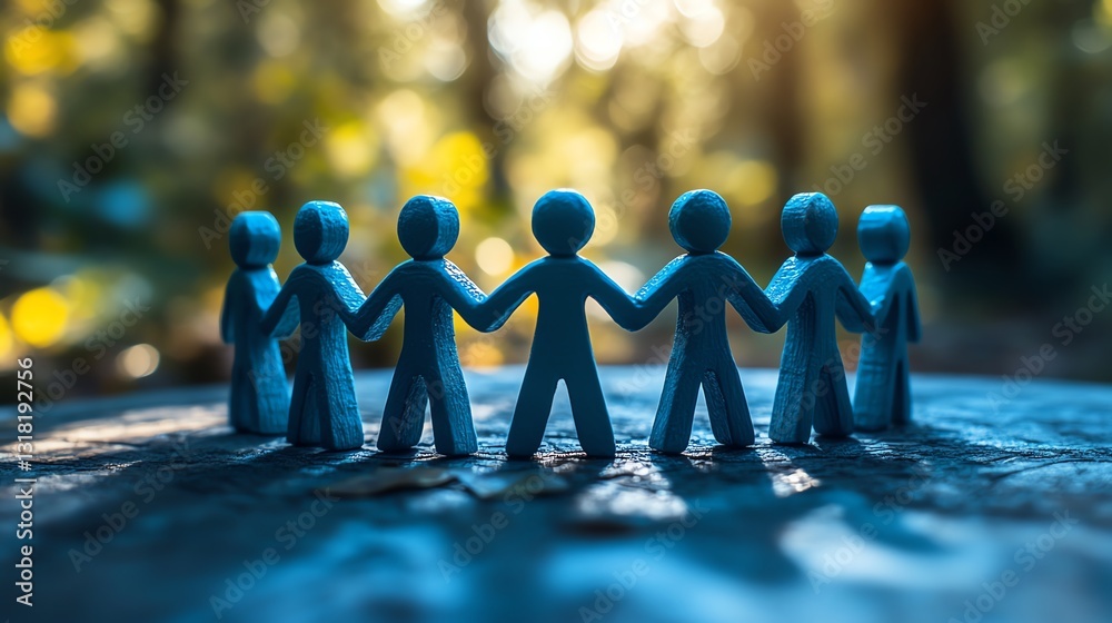 Poster blue figurines forming a connected circle, hands linked, symbolizing teamwork and unity, supportive 
