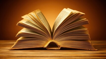 Fototapeta premium Open Book on Wooden Table, Golden Light