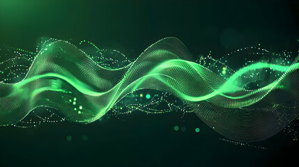 Fototapeta premium Dynamic Flowing Green Energy Wave With Particles On Dark Background Digital Abstract Art