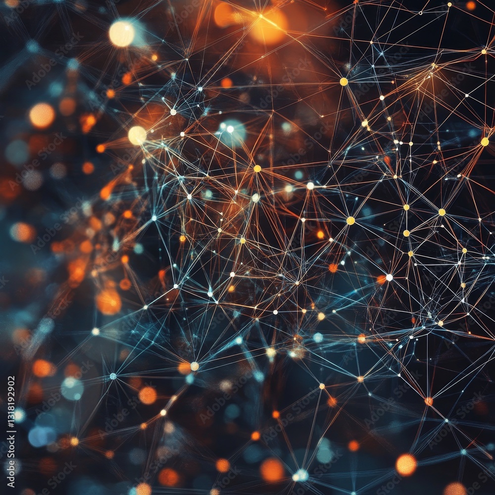 Poster this image features an abstract representation of a network with glowing nodes and intricate connect