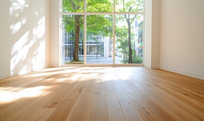 Obraz premium Empty room with wooden floor; street view outside window. Use as real estate