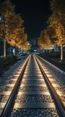 Fototapeta premium Illuminated Train Tracks at Night