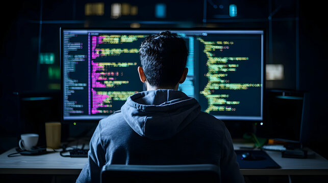 Software Developer Working Late at Night on Computer Screen Showing Code in Dark Office Setting