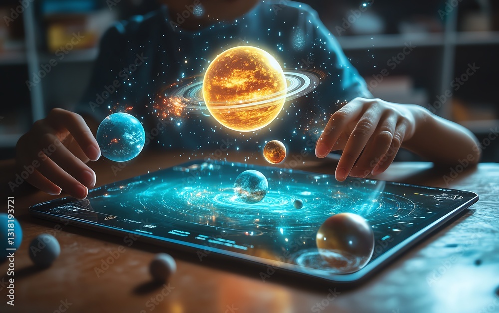 Aufkleber Tablet on a classroom desk projecting a 3D hologram of planets and the cosmos, demonstrating the power of AR technology in enhancing educational learning experiences