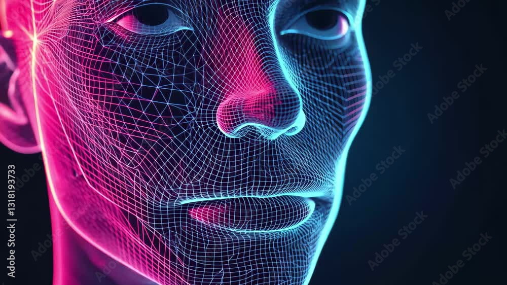 Leinwandbilder Dynamic abstract design featuring intricate wireframe lines in vibrant colors representing a human face, Abstract wireframe / lines