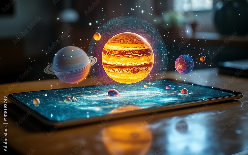 Leinwandbilder tablet on a classroom desk projecting a 3d hologram of planets and the cosmos, demonstrating the pow