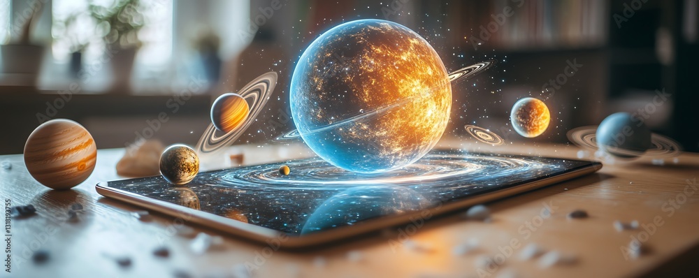 Leinwandbilder tablet with ar hologram of planets and galaxies in a classroom, showcasing the use of augmented real