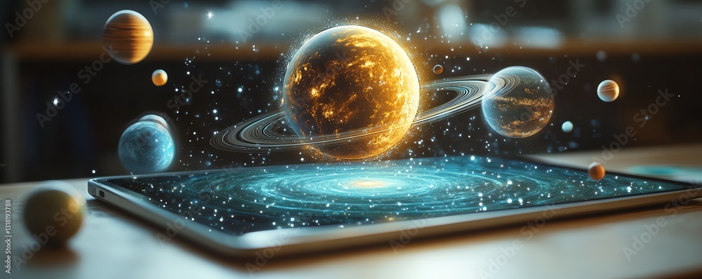 Fototapete Tablet with AR hologram of planets and galaxies in a classroom, showcasing the use of augmented reality for dynamic and engaging educational experiences