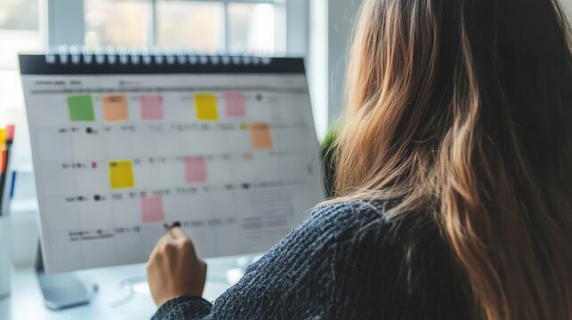 Young woman planning activities with a calendar to improve personal growth