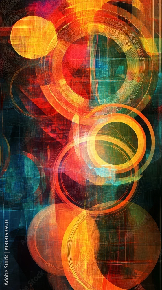 Poster this vibrant abstract digital artwork features colorful circles and lines in dynamic motion, creatin