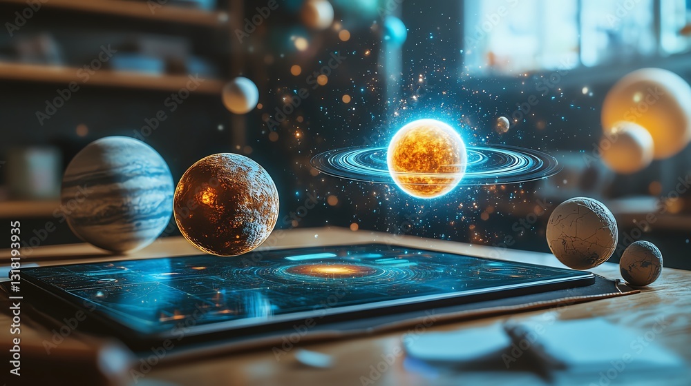 Poster arpowered tablet on a classroom desk, projecting a hologram of the cosmos and planets, symbolizing t