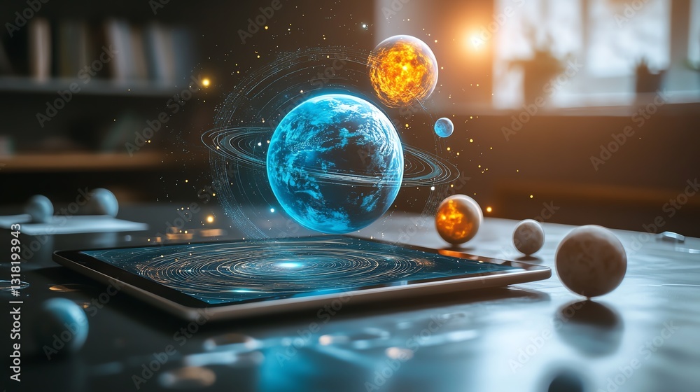 Poster arpowered tablet on a classroom desk, projecting a hologram of the cosmos and planets, symbolizing t