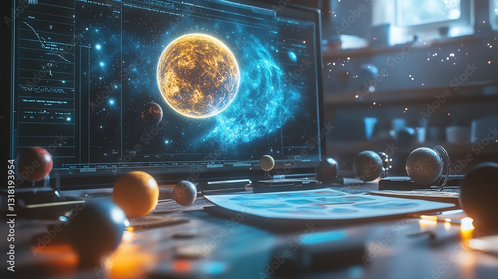 Aufkleber arpowered tablet on a classroom desk, projecting a hologram of the cosmos and planets, symbolizing t