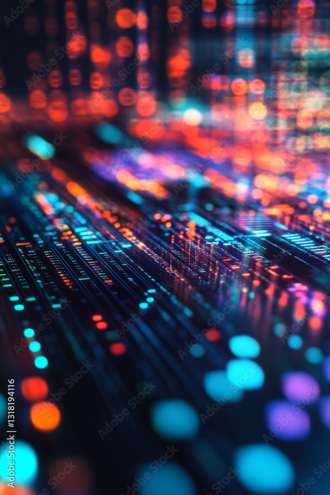 Poster a colorful, abstract image of a computer screen with many dots and lines. concept of technology and 