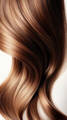 Fototapeta premium Beautiful model girl with Brown hair strand,silky healthy chestnut wavy hair strand,hair wavy ribbon, with smooth,Keratin straightening,Treatment,straight long hair,procedures,Smooth hairstyle.