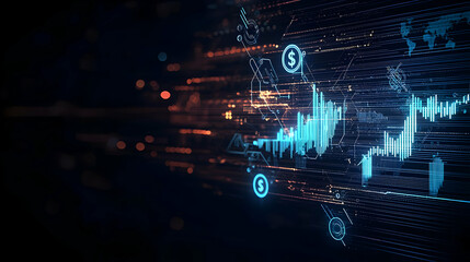 Fototapeta premium Dynamic Visualization of Financial Data Analysis with Glowing Blue and Orange Particles on a Dark Background
