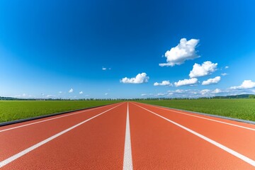 Running track under blue sky, summer day background, athletics, sport competition
