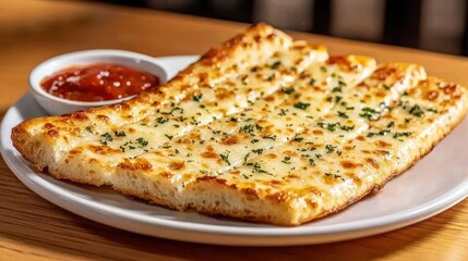 Delicious cheesy garlic bread sticks with marinara dipping sauce on a ceramic plate for tasty appetizer