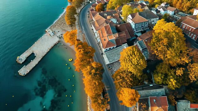 Livadia in Greece showcases golden autumn colors along the shoreline on a sunny day, Aerial view of the city Livadia in Greece on a sunny dav in autumn