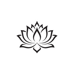 Abstract lotus flower vector tattoo design, sharp black outlines, detailed yet minimalist petal structure, with a balanced symmetrical look – placed on a white background
