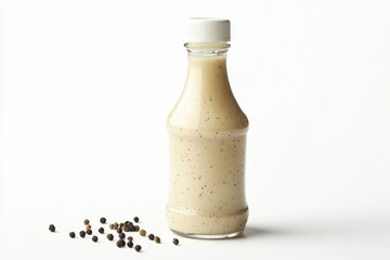Creamy salad dressing with whole peppercorns in glass bottle on light backdrop  for healthy eating concept