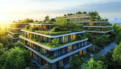 Ecofriendly business district with modern architecture, green roofs, sustainable buildings, and green spaces, creating a vibrant, ecoconscious urban environment