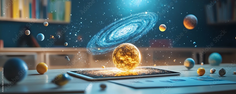 Poster interactive learning scene with a tablet displaying an ar hologram of planets, stars, and the cosmos