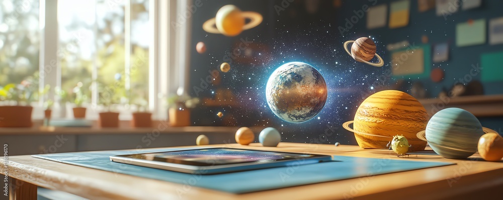 Poster interactive learning scene with a tablet displaying an ar hologram of planets, stars, and the cosmos