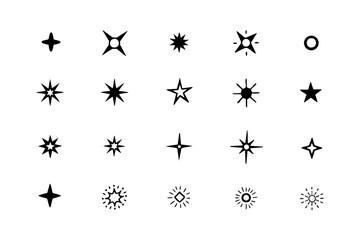 Minimalist star and sparkle icon set in bold black silhouette style  
