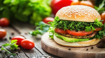 Appetizing vegan burger on rustic wooden board delicious healthy plant based burger with fresh vegetables
