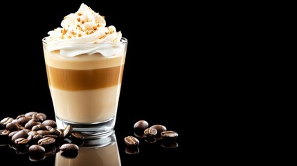 Elegant layered coffee drink with whipped cream and sprinkles showcased on a reflective black surface