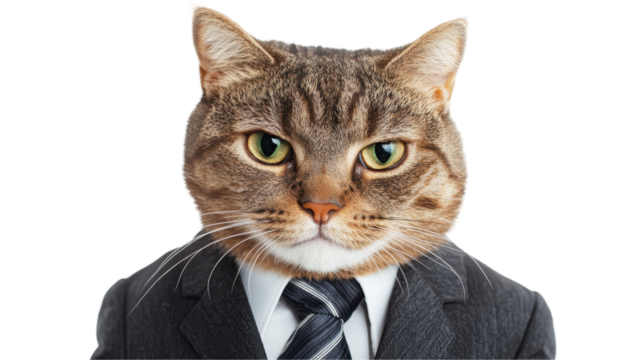 A cat dressed in a suit, embodying a humorous business persona. transparent background