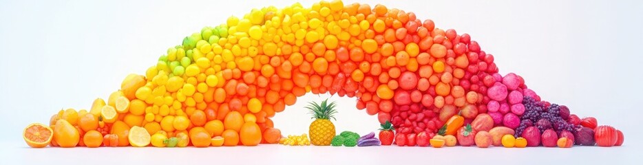 A vibrant rainbow of colorful fruits and vegetables, isolated on a white background panoramic view