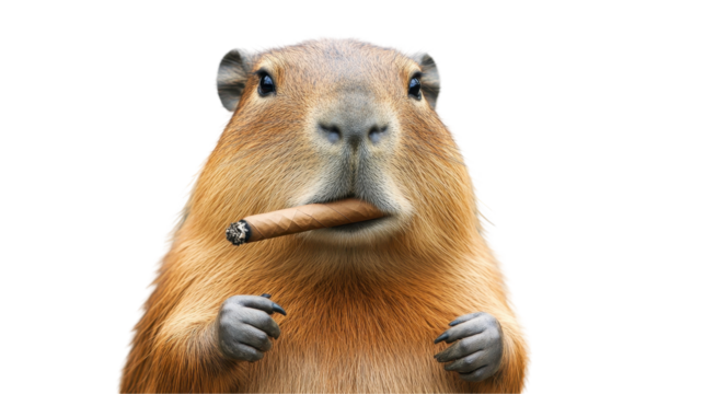 A playful marmot holding a cigar with a cheeky expression. transparent background