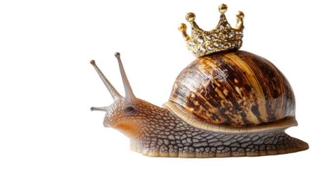 A quirky snail adorned with a golden crown symbolizing royalty. transparent background