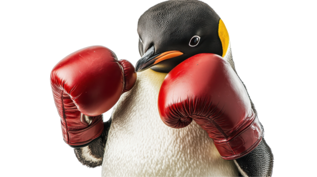 A playful penguin wearing red boxing gloves, ready to spar. transparent background - Powered by Adobe