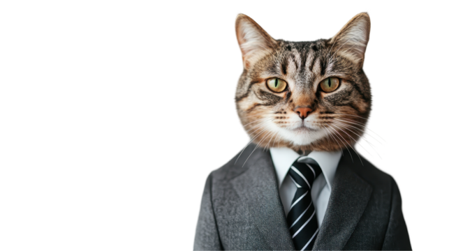 Cat dressed in a suit, showcasing a humorous business look. transparent background - Powered by Adobe