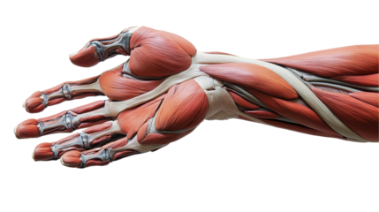Detailed anatomical illustration of an arm's muscular structure. transparent background