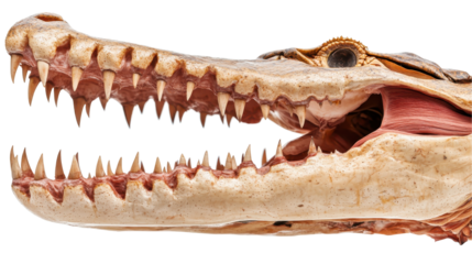 Detailed close-up of an alligator skull showcasing its teeth. transparent background