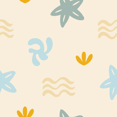 Boho Organic Summer Pattern. Abstract Beach Hand Drawn Background. Boho Sun And Palm Print. Vector Illustration Cutout Naive Style. Ocean Coral And Sun Seamless Pattern. Modern Groovy Textile Bg.