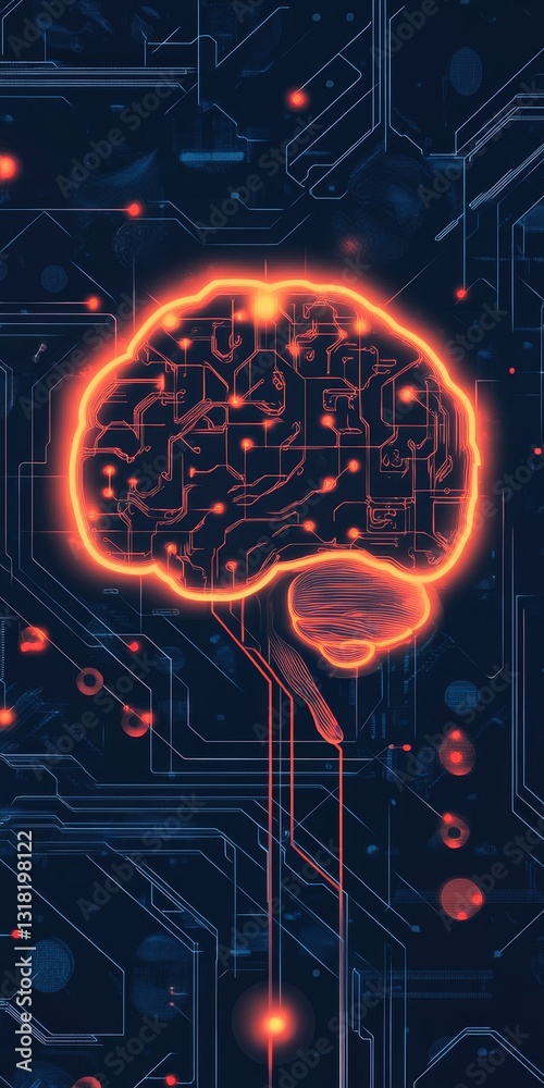 Canvas Prints this abstract minimalist illustration showcases a brain in a circuit design, symbolizing the concept