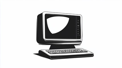 Vintage Computer Illustration: Retro Desktop PC in Black and White