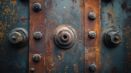 Fototapeta premium Detailed close up of corroded metal surface featuring bolts and rivets texture