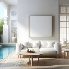 minimalist ocean view living room bathed in natural light from large open space. Frame mockup, Living room wall poster mockup. Interior mockup with house, resort background. Modern interior design. 