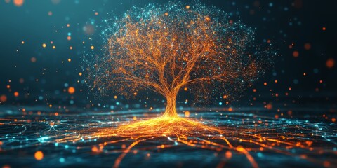 A captivating illustration of a glowing tree with vibrant branches and roots, interconnected by digital networks. This artwork symbolizes innovation and organic growth.