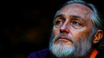 Obraz premium Contemplative Senior Man Portrait Close up Grey Hair Beard Dramatic Lighting